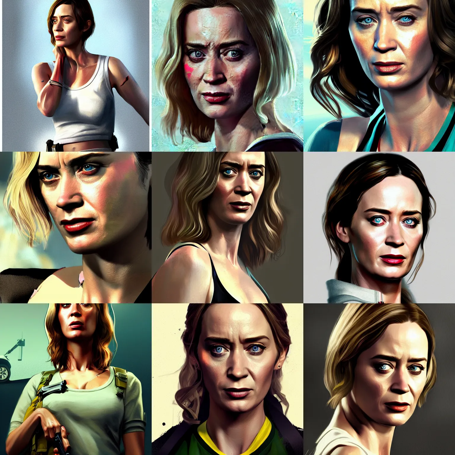 Prompt: Emily blunt in GTA v, highly detailed, digital painting, artstation, concept art, smooth, sharp focus, dramatic light