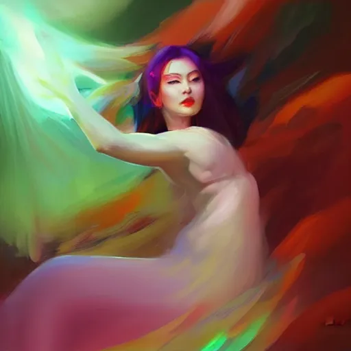 Prompt: ancient spice sorceress by yanjun cheng, alex ross, artgerm, floating, magic energy, wide angle, iridescent, pinterest