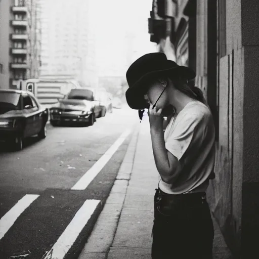 Image similar to instant photograph of a woman smoking in the streets, polaroid, rule of thirds, nostalgic, modern clothing, raw, light leak