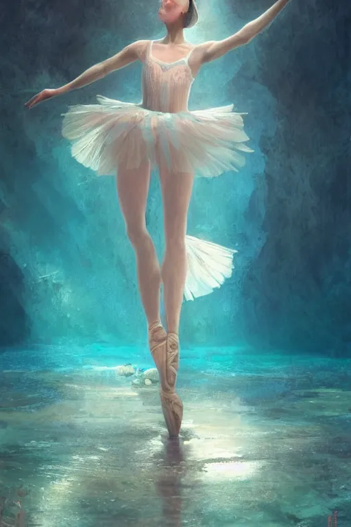 Image similar to stunningly beautiful, ballerina at the bottom of the great barrier reef by jaques cousteau, smooth, focus, highly detailed, hyper realistic, dramatic lighting, intricate, concept art, art by wlop