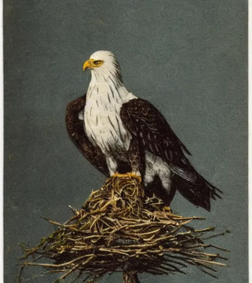 Prompt: tattered postcard of 'an eagle in the nest of a snowy pine tree', long shot, on table