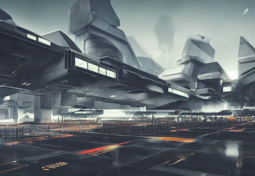 Prompt: a high contrast minimalist scifi exterior rectilinear brutalist futuristic spaceport airport with neon lights, control towers, aircraft carrier towers, ilm, beeple, star citizen halo, mass effect, bladerunner, elysium, HDR lighting