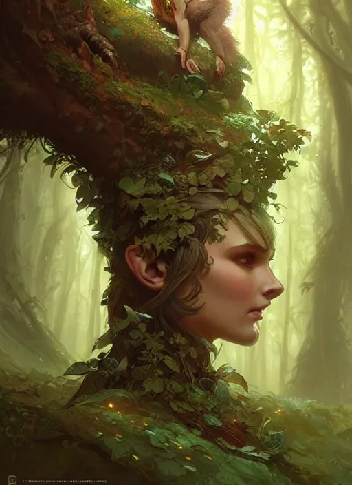 Prompt: a cute forest elemental, with fingers, fantasy, intricate, elegant, highly detailed, digital painting, artstation, concept art, wallpaper, smooth, sharp focus, illustration, art by artgerm and greg rutkowski and alphonse mucha