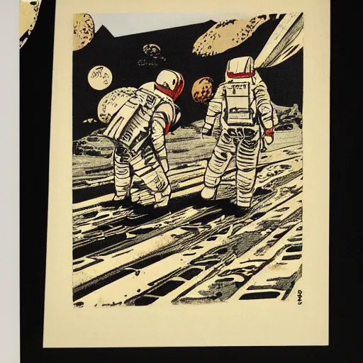 Image similar to japanese woodblock print of the moon landings
