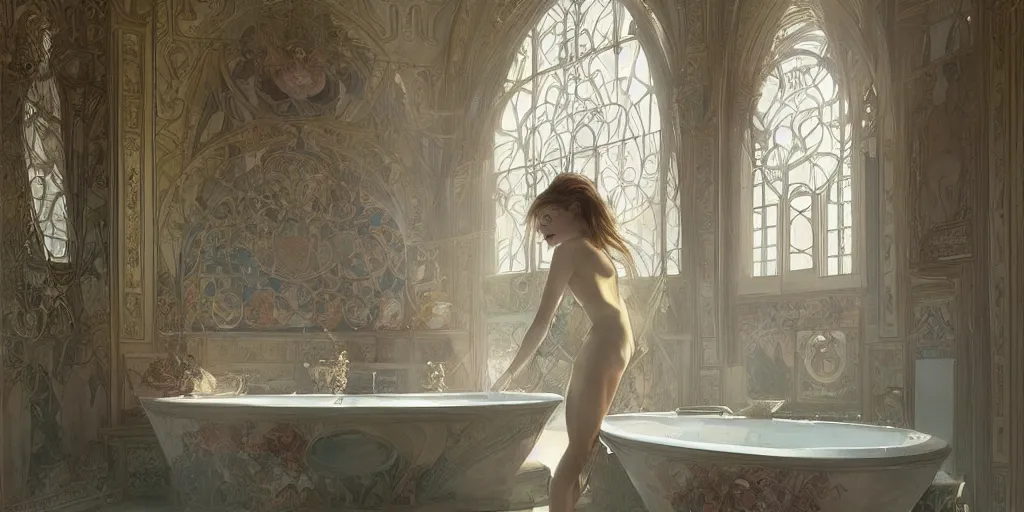 Prompt: in the bathroom of an incredible palace with the beautiful Natalia Vodianova, greg rutkowski and alphonse mucha, matte painting, artstation, illustration