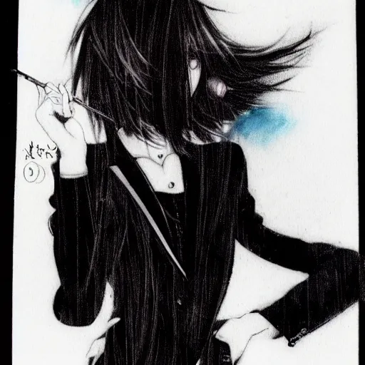 Image similar to Yoshitaka Amano realistic illustration of an anime girl with short white hair and black eyes wearing tuxedo, abstract black and white background, film grain effect, highly detailed, Renaissance oil painting