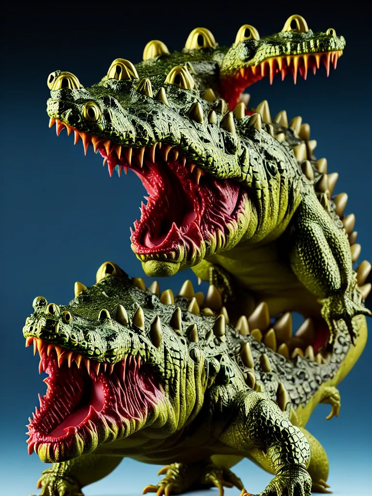 Image similar to hyperrealistic rendering, fat smooth john carpenter flesh monster crocodile by bernie wrightson and killian eng and joe fenton, product photography, action figure, sofubi, studio lighting, colored gels, colored background