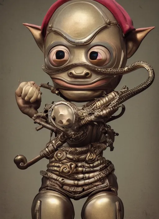 Image similar to closeup portrait of a tin toy mediedval goblin, depth of field, zeiss lens, detailed, symmetrical, centered, fashion photoshoot, by nicoletta ceccoli, mark ryden, lostfish, earl nore, hyung tae, frank frazetta, breathtaking, 8 k resolution, extremely detailed, beautiful, establishing shot, artistic, hyperrealistic, octane render