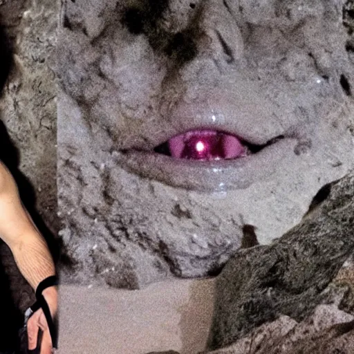 Prompt: photo inside a cavern of a wet reptilian humanoid rapper elon musk partially hidden behind a rock, with black eyes, open mouth and big teeth