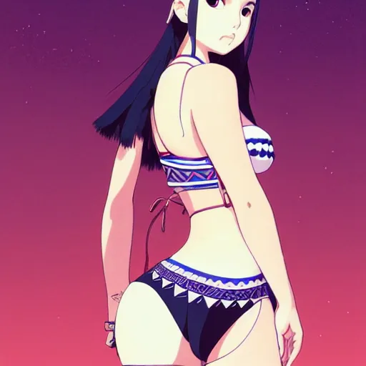 Image similar to a beautiful plus sized model japanese natalie portman, alluring plus sized model, wearing mayan leotard with overalls, street fashion hip hop style with mayan patterns, aztec street fashion, gapmoe yandere grimdark, trending on pixiv fanbox, painted by greg rutkowski makoto shinkai takashi takeuchi studio ghibli, akihiko yoshida