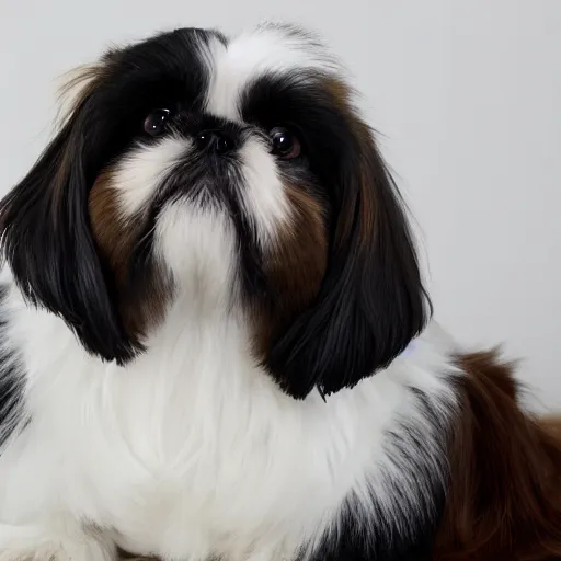 Prompt: A photo of a chubby shih tzu with medium-length hair, black and white fur and brown eyes