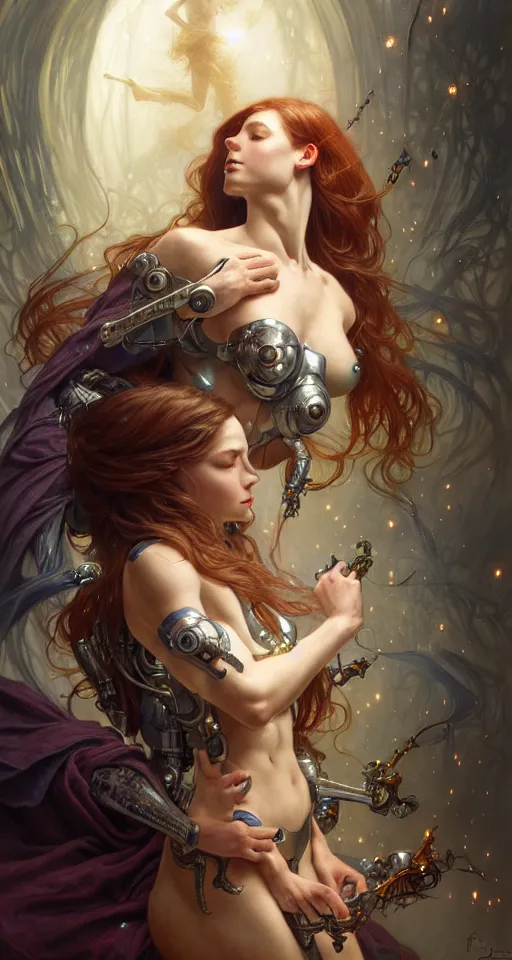 Image similar to cyborg recharging, diffuse lighting, fantasy, intricate, elegant, highly detailed, lifelike, photorealistic, digital painting, artstation, illustration, concept art, smooth, sharp focus, art by John Collier and Albert Aublet and James jean and Brian froud and ross tran and Artem Demura and Alphonse Mucha