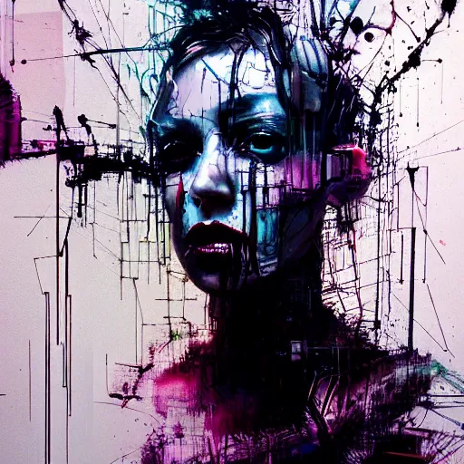 Image similar to a dark cyberpunk dream of wires broken skulls skin cybernetic machines and decay moody hyperrealism 8 k photo atmospheric by jeremy mann, francis bacon and agnes cecile, ink drips paint smears digital glitches glitchart