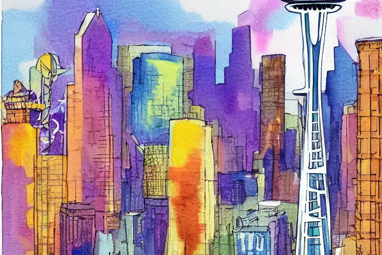 Image similar to !! watercolor!! seattle in a sunny day, artwork by tooth wu, colorful contrast,!!!! very coherent!!!!, dark shadow, thick lineart