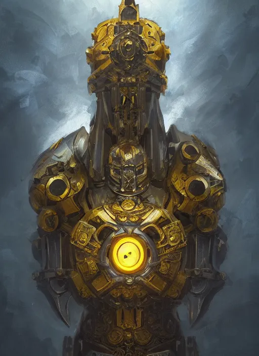 Image similar to full body, attack position abstract portrait of a intricate ornate holy mechanical warforged with circular glowing eye, character in yellow armor holding a legendary paladin engraved great longsword drawn and carrying a huge heavy paladin shield, vertically flat head, face in focus, epic , trending on ArtStation, masterpiece, cinematic lighting, by Ross Tran and by Greg Rutkowski