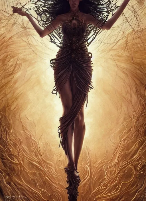 Image similar to portrait of Catriona Gray as a ever reaching Goddess of despair, cinematic, intricate story, blind and hungry souls around. a futuristic diety, fantasy, intricate, elegant, human anatomy, natural light, golden hour, highly detailed, digital painting, artstation, wide angle, smooth, sharp focus, illustration, art by brom, tian zi and WLOP and alphonse mucha, masterpiece, 3d blender, mitch foust, Clyde Caldwell, dof