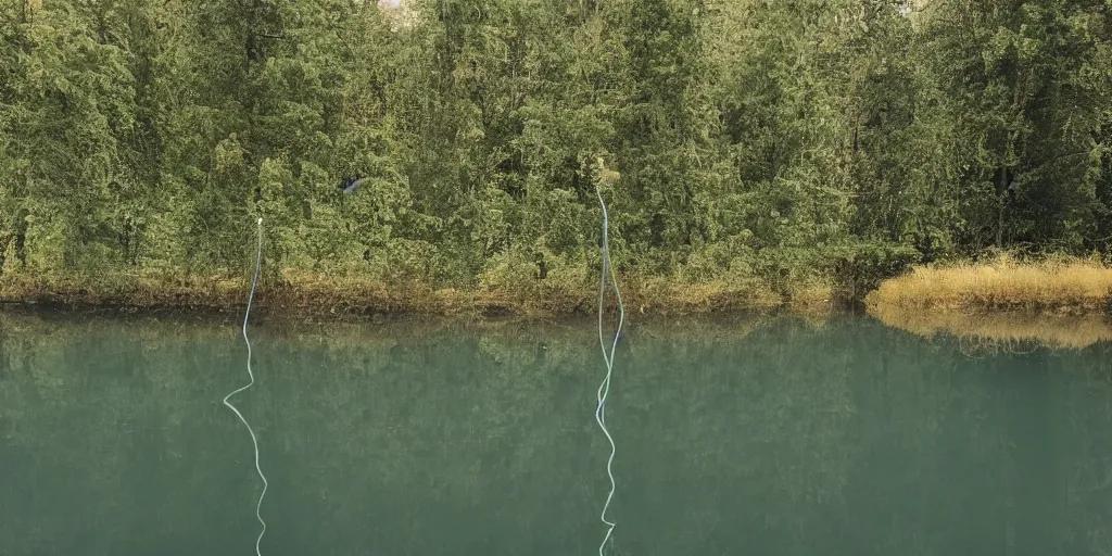 Prompt: color photograph of a very long rope on the surface of the water, the rope is snaking from the foreground stretching out towards the center of the lake, a dark lake on a cloudy day, trees in the background, anamorphic lens