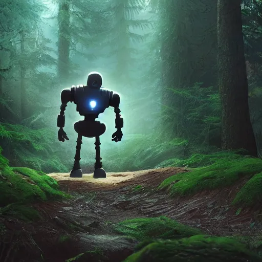 Image similar to ultra realistic and intricate detailed photograph of iron giant in forest from the movie, pixar, iron, giant, technology, innovation, bright modern style, artstation, unreal render, depth of field, ambient lighting, award winning, stunning