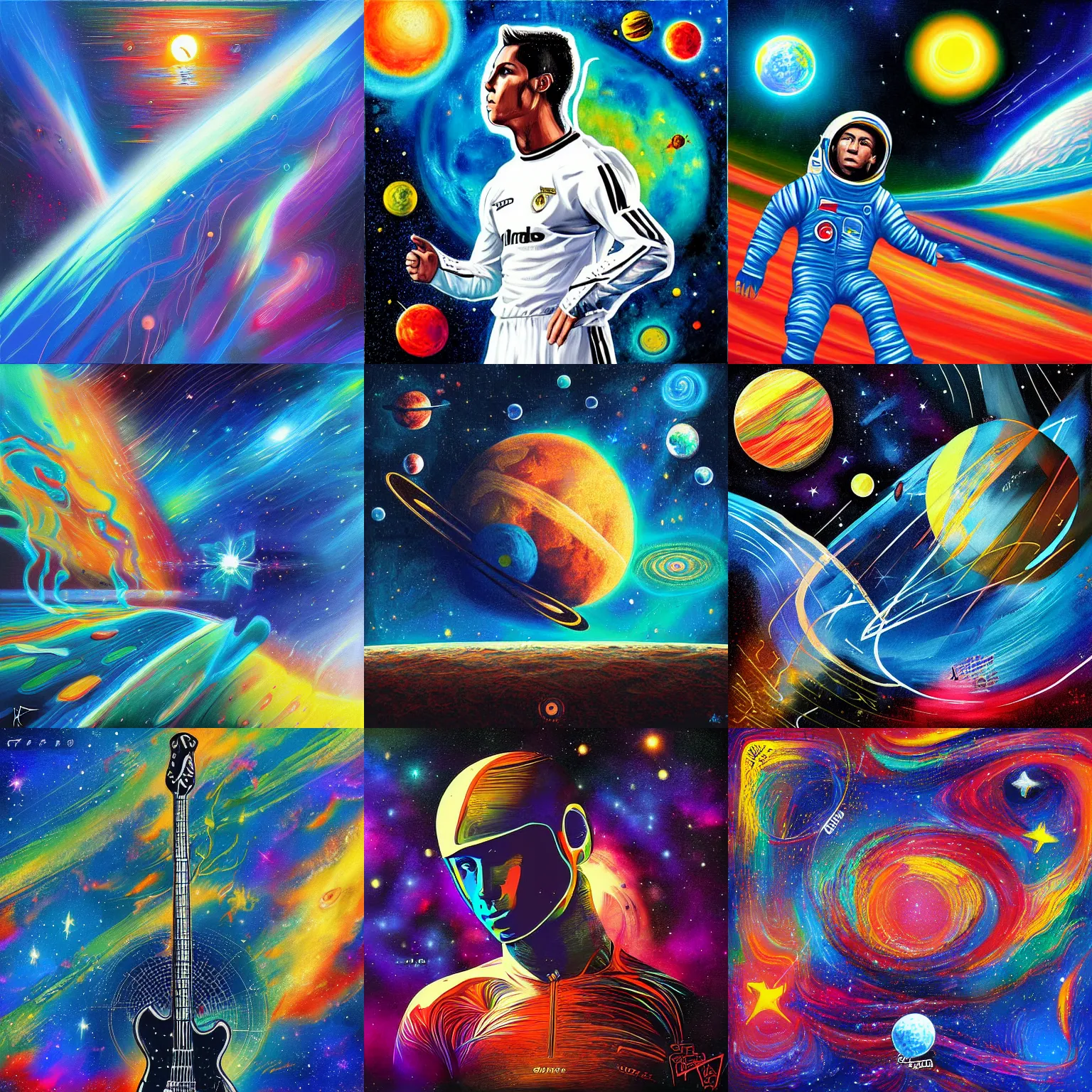 Prompt: space painting by Cristiano ronaldo Alex Gray in the style of an instrumental album cover