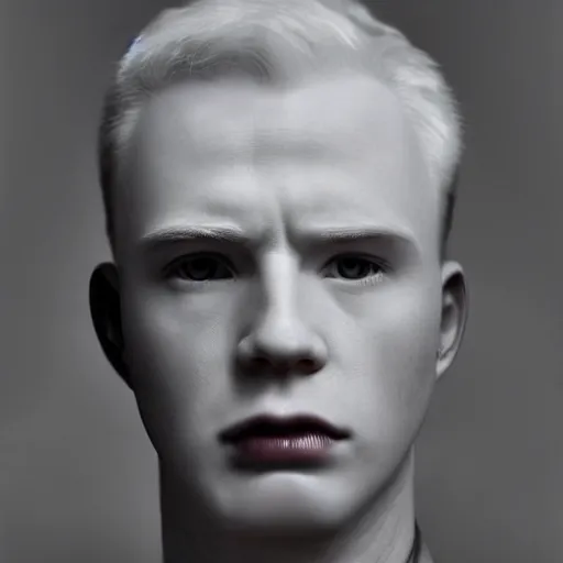 Image similar to realistic expired kodak film portrait of albino chris evans, hyperrealism, photorealistic, detailed, atmospheric, 8 k, award winning photography, cinematic