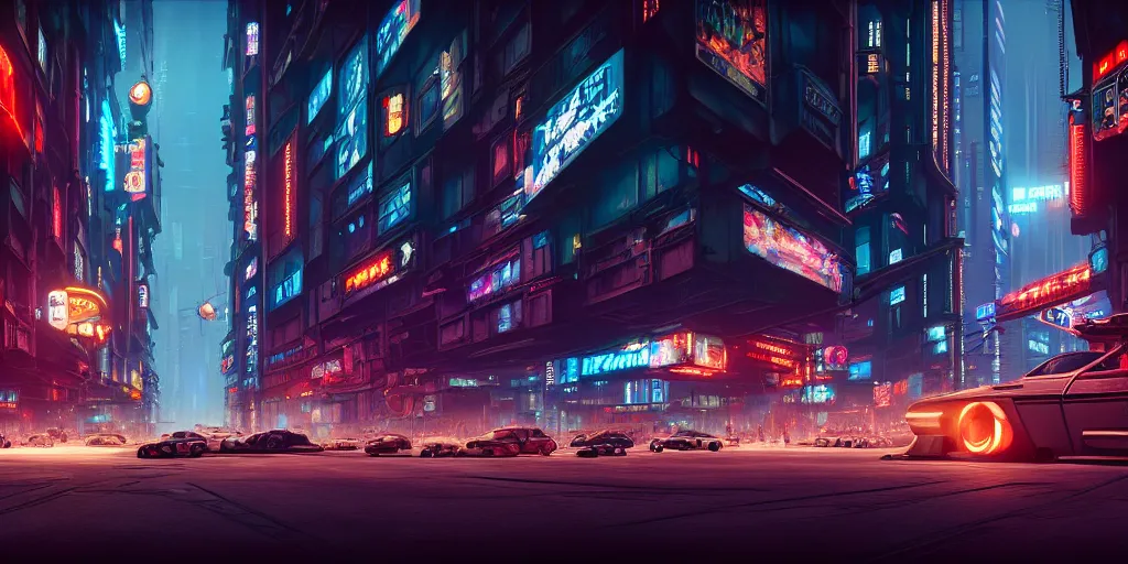 Prompt: a street level painting of a cyberpunk city with flying cars, advertisements, night, highly detailed, intricate, dynamic lighting, painting by otto dix and greg rutkowski, unreal engine, octane render, 8 k