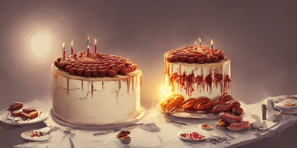 Image similar to Intricate detailed illustration, birthday cake decorated with sausages, cinematic lighting, by Sparth and Greg Rutkowski, wide angle, volumetric light scattering, 8k, artstation, concept art,