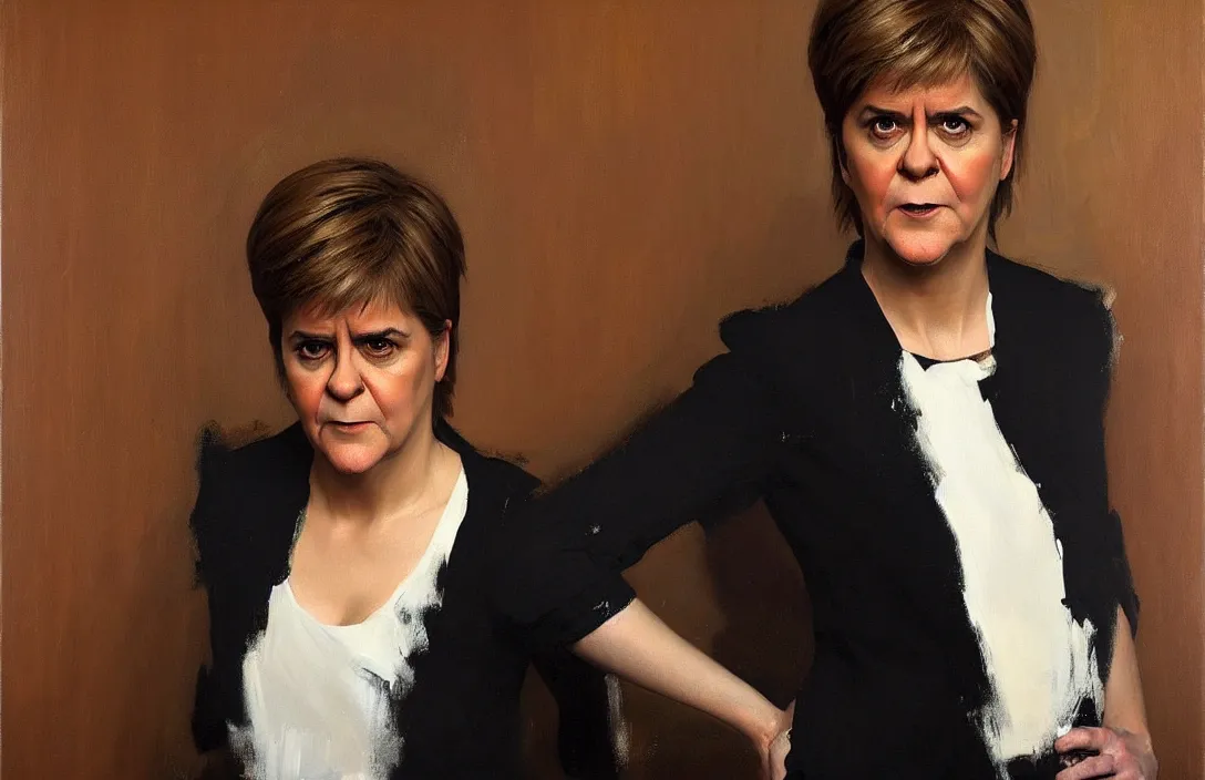 Image similar to portrait of nicola sturgeon!!!!!!!!!!!!!!!!!!!!!!!!!!!, detailed face, detailed painting, epic lighting, by ilya repin, phil hale and kent williams