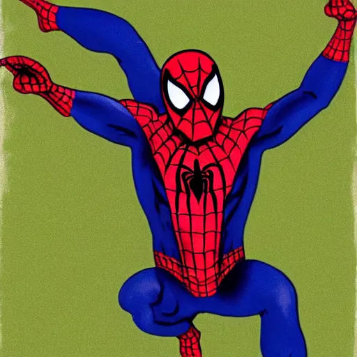 Image similar to spiderman with shrek, cave painting