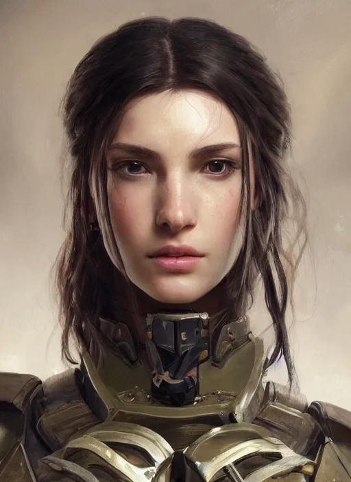 Image similar to a professional painting of a beautiful young female, clothed in military armor, olive skin, long dark hair, beautiful bone structure, symmetrical facial features, intricate, elegant, digital painting, concept art, smooth, sharp focus, illustration, from Metal Gear, by Ruan Jia and Mandy Jurgens and Artgerm and William-Adolphe Bouguerea