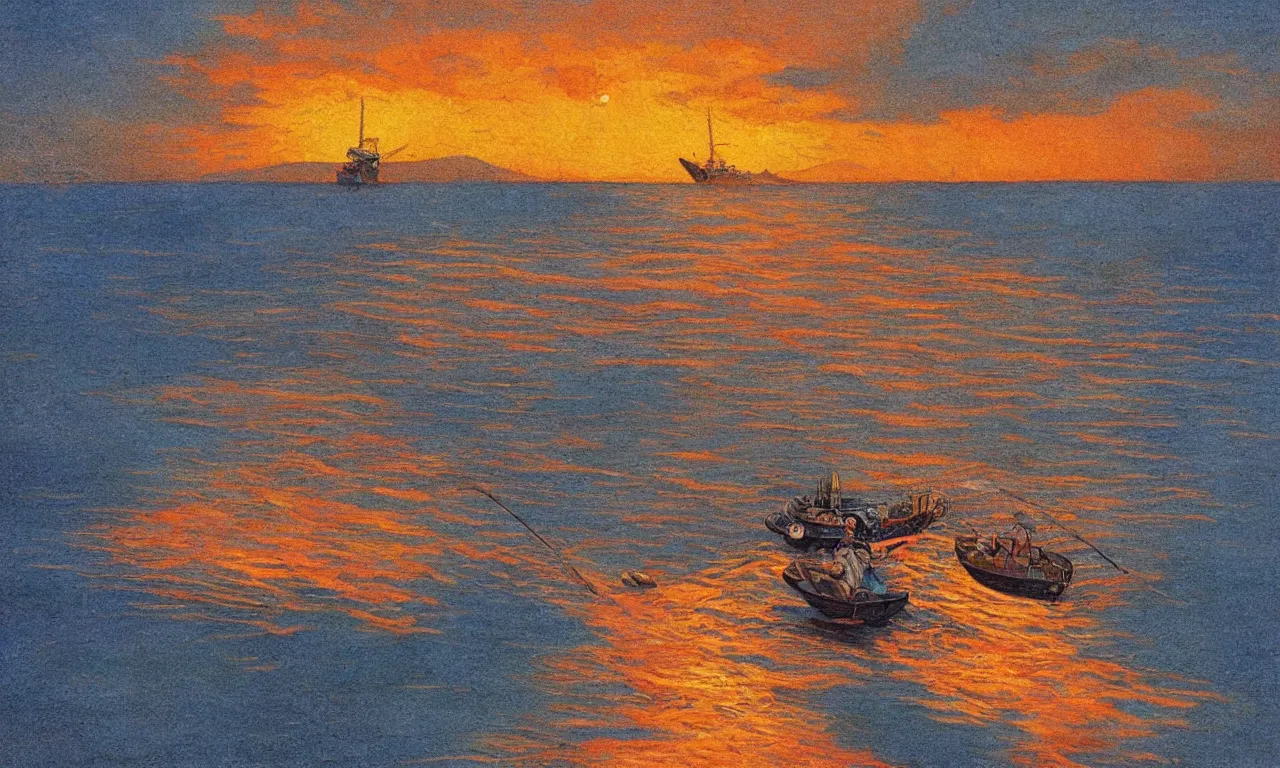 Prompt: levitating fishing boat embarking on a sea of blood jean giraud cinematic sunset elemental forces