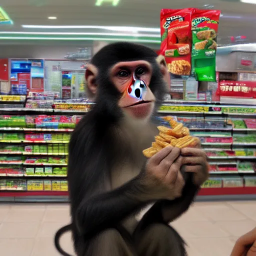 Image similar to A monkey buy some snacks at seven eleven, photorealistic