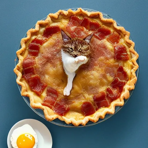 Image similar to fat tabby cat eating a bacon and egg pie