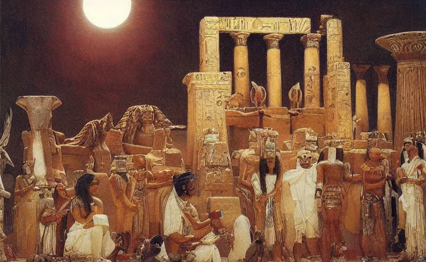 Image similar to a beautiful oil - painting by alma tadema of egyptian gods with animal heads, having a ceremony in a moonlit temple in karnak