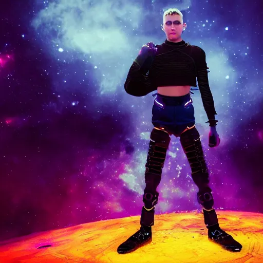 Image similar to A beautiful boy wearing a black mesh crop top and black shorts standing in a mad max cage. The boy is surrounded by a colorful nebula. Cyberpunk, Digital Art, unreal engine 5, 50mm, f2.8