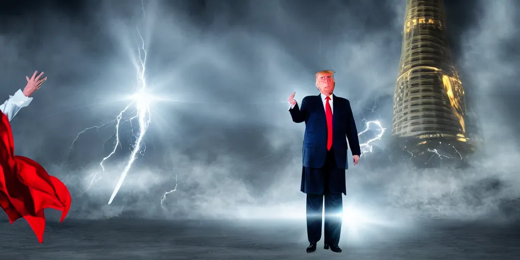 Image similar to a professional photo of donald trump fighting sauron at capitol, extremely high fidelity. key light.