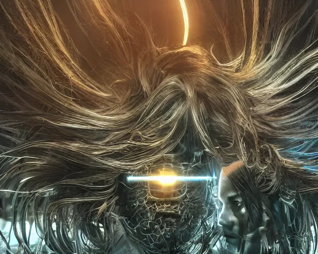 Image similar to cybermagnetosphere, beautiful hairy humanoids, love, joy, complex cybernetic beings, glowing hair, vortexes, large arrays, ornate hair, cinematic light shadows, wet hdr refractions, contrasted, cybernetic civilizations, 8 k, * * * * *