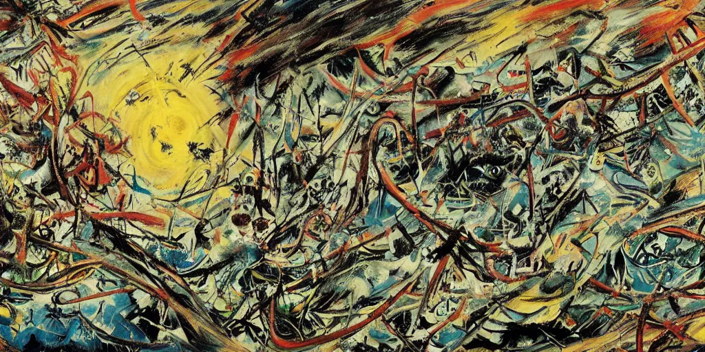 Image similar to a high quality professional 360 painting of a fantasy landscape by Jackson Pollock, detailed, elegant, intricate, 4k