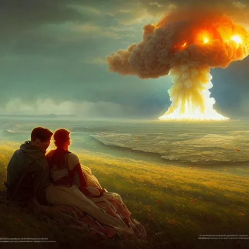 a young couple watching a nuclear explosion, romantic, | Stable