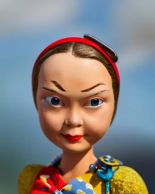 Image similar to closeup face profile portrait of a tin toy retro 1 9 5 0 s greta thunberg, bikini, depth of field, zeiss lens, fashion photoshoot by nicoletta ceccoli, mark ryden, lostfish, breathtaking, detailed and intricate environment, 8 k resolution, extremely detailed, beautiful, establishing shot, artistic, hyperrealistic, octane render
