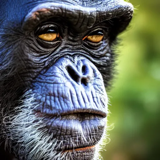 Prompt: a hyper realistic photo close up of a chimpanzee warrior staring fiercely into the camera. it is wearing very detailed and engraved samurai armor. award - winning 4 k photograph, strong contrast