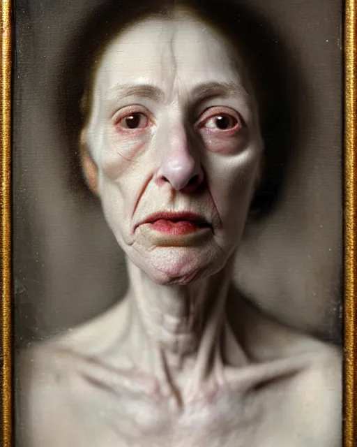 Prompt: a close up portrait a very ordinary underweight middle - aged woman with an blank expression, by joel peter witkin and sarah moon, very pale translucent skin, very blurry, foggy, oil painting, photorealistic, anatomically correct, beautiful perfect face, visible brushstrokes, sharp focus, highly detailed, cinematic lighting, 8 k, hd