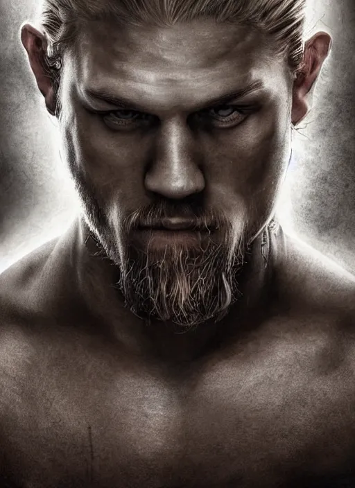 Image similar to photorealistic Portrait of frontal standing pose torso of a very attractive muscular man that looks like Jax Teller, heavily tattoed. All his skin is covered by elvish symbols and letters. Intricate, concept art, magic lighting overlays, magical portal opened, D&D!, fantasy style, sharp focus!, ultra detailed, art by Artgerm and Peter Andrew Jones, WLUP, Magali Villeneuve