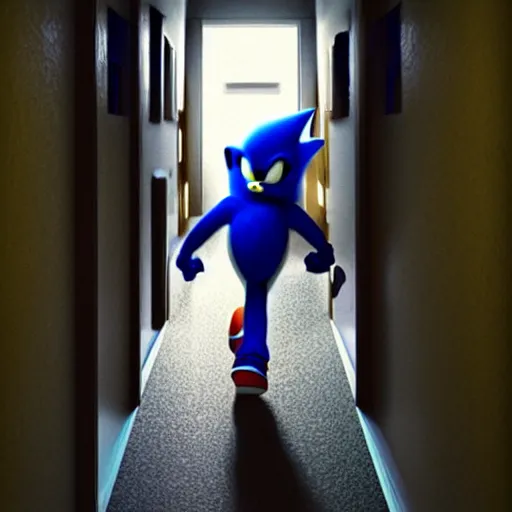 Image similar to sonic the hedgehog, creepy, horror, off - putting, dark, hallway, photo, paranormal