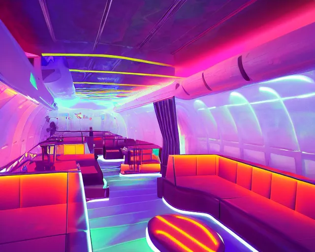 Image similar to Bar and nightclub inside a widebody plane with neon lights and sofas filled with partygoers, digital rendering, unreal engine 5