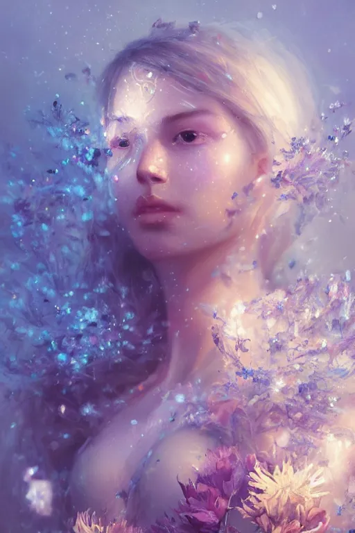 Image similar to face closeup beautiful girl witch covered with crystals exploding into another dimension, 3 d render, hyper realistic detailed portrait, holding magic flowers, ruan jia, wlop. scifi, fantasy, hyper detailed, octane render, concept art, peter mohrbacher