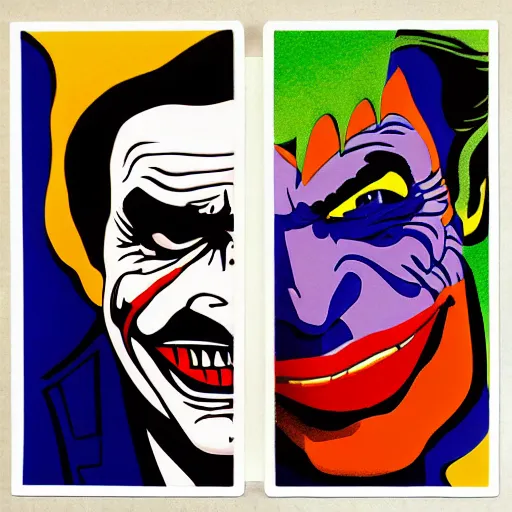 Prompt: die cut sticker, saul goodman as the joker, splater paint, diptych