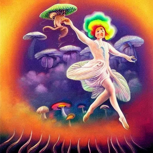 Prompt: creepy beautiful mushroom fairy dancing in rainbow clouds, ultra - realistic fantasy painting in the style of salvador dali and ida outhwaite, trending on artstation