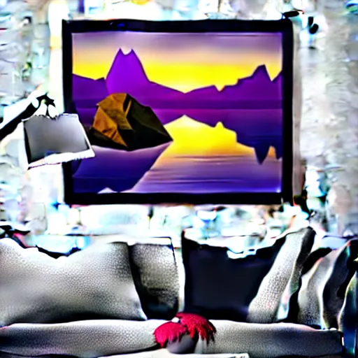 Image similar to super detailed color lowpoly art, northern sunset with rocks on front, monochrome photorealistic bay in the middle of perspective and mountains at background, big graphic vessel in the middle of composition, unreal engine, high contrast color palette, 3 d render, lowpoly, colorful, digital art, perspective, full volume composition, robb cobb, robert mccall, syd mead