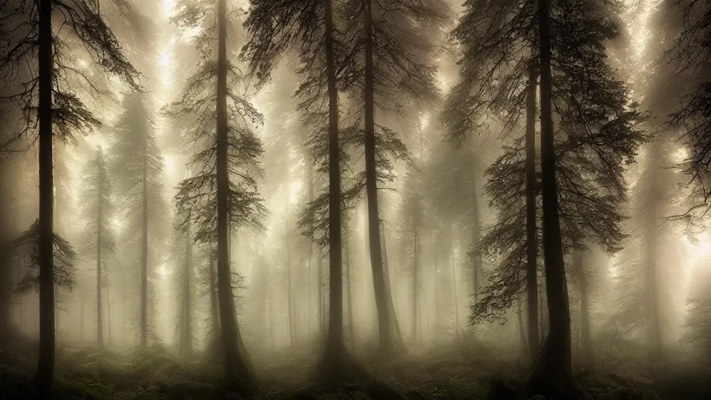 Image similar to amazing landscape photo of a forest by marc adamus, beautiful dramatic lighting