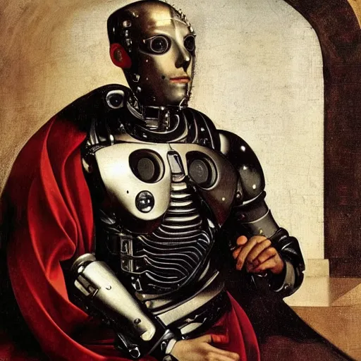 Prompt: a portrait of cyborg king connected to a man-machine interface by Caravaggio, renaissance style